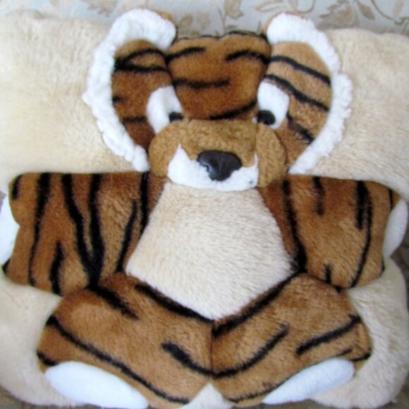 TIGER PILLOW, KIDS' BEDROOM STUFFED PLUSH 12" x 11" SOFT BED ACCENT - Picture 2 of 4
